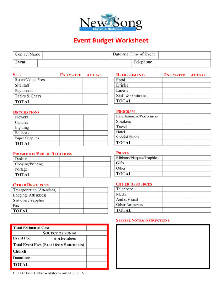 Event Budgeting Worksheets