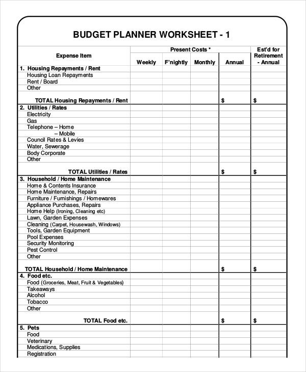 Budget Planner Worksheets