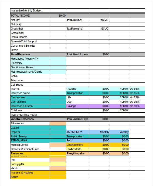 Interactive Budget Worksheet
