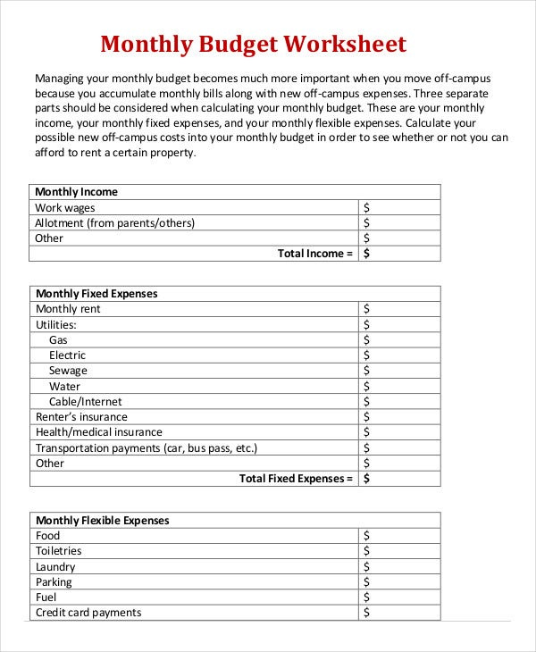 17 Simple Monthly Budget Worksheets Word PDF Excel Free 
