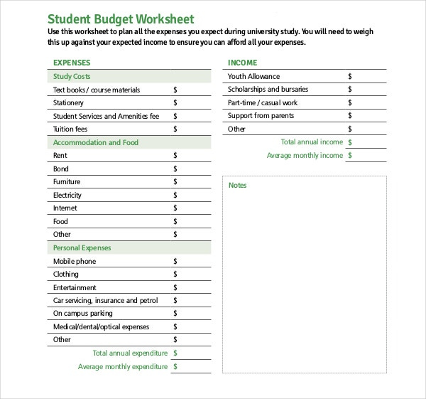 5 Student Budget Worksheet Templates PDF Word Free Premium 