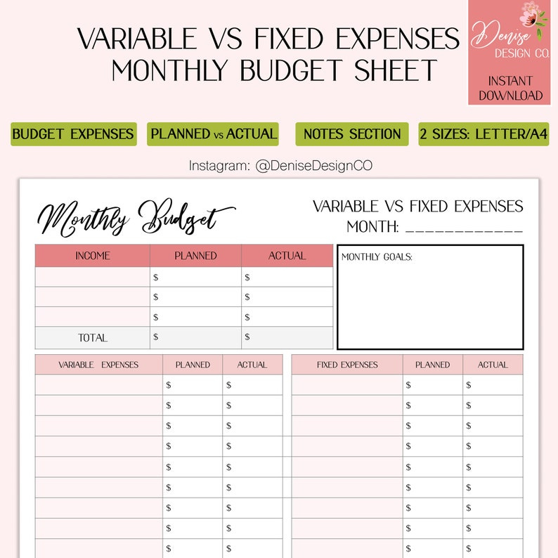 All in One Printable Monthly Budget Sheet Income Variable Vs Etsy