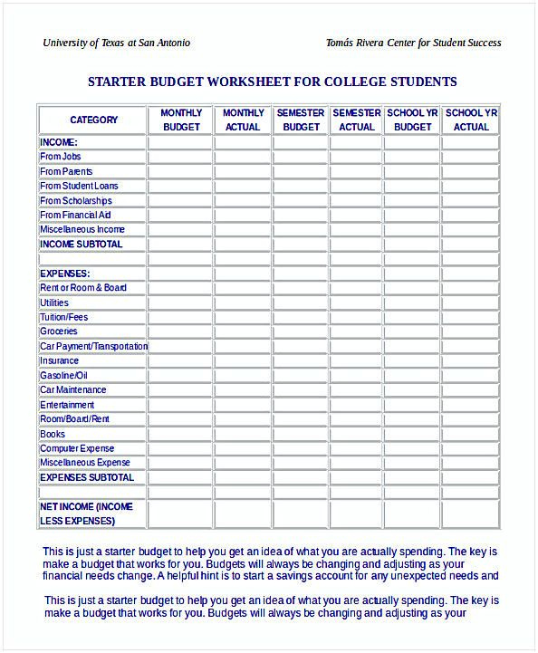 Awesome Monthly Budget Worksheet For College Students 