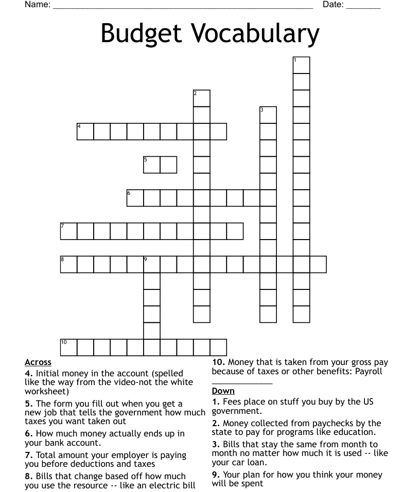 Budget Vocabulary Crossword WordMint Budgeting Worksheets