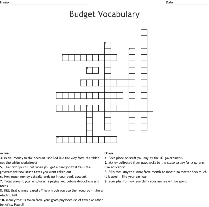 Budget Vocabulary Worksheet