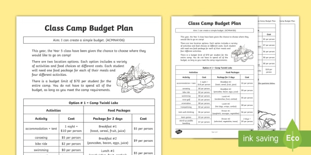 Class Camp Budget Plan Worksheet Worksheet teacher Made 