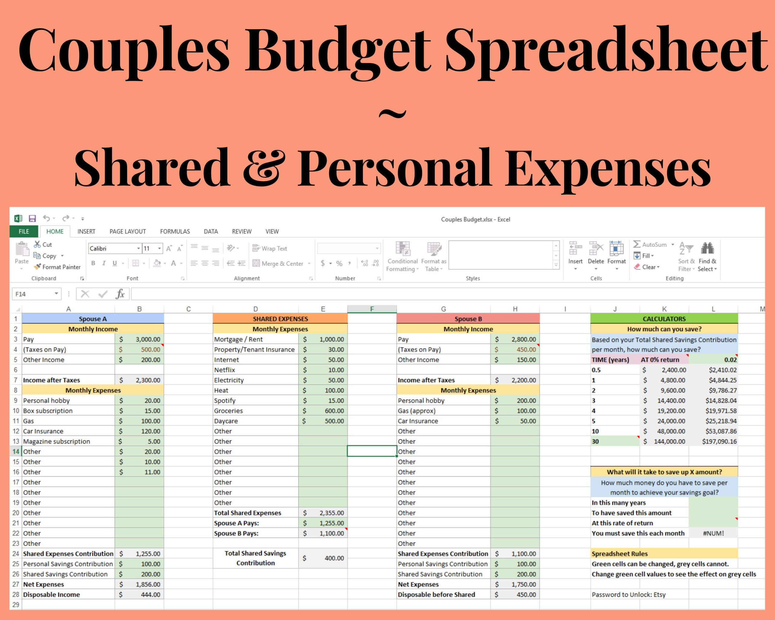 Couples Budget Spreadsheet With Shared And Personal Expenses And 