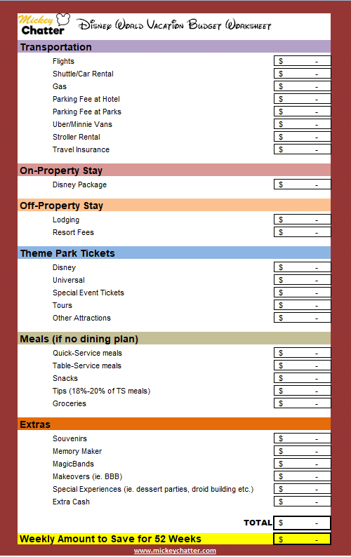 Disney Budget Worksheet Budgeting Worksheets