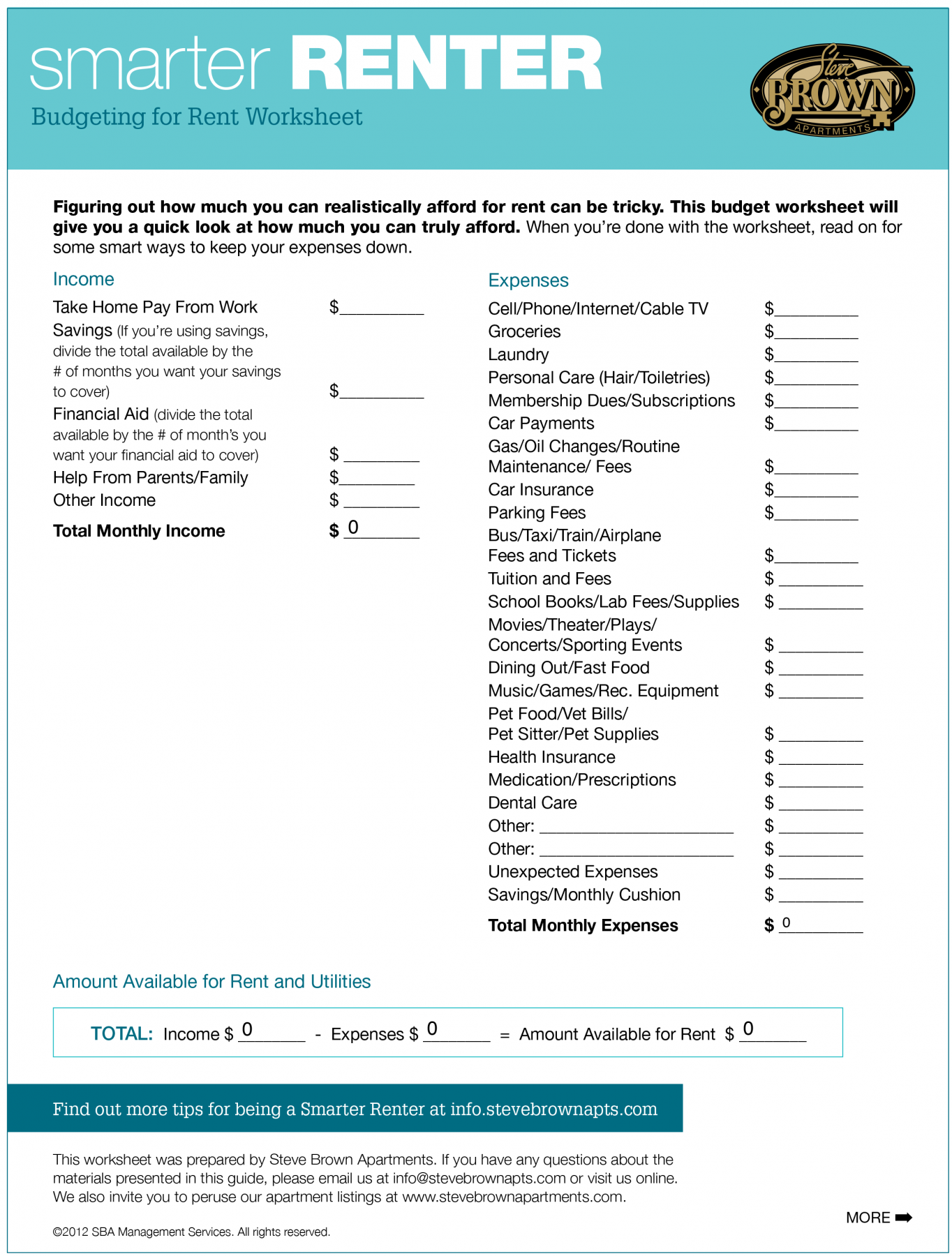 Download Our Budgeting For Rent Worksheet Steve Brown Apartments