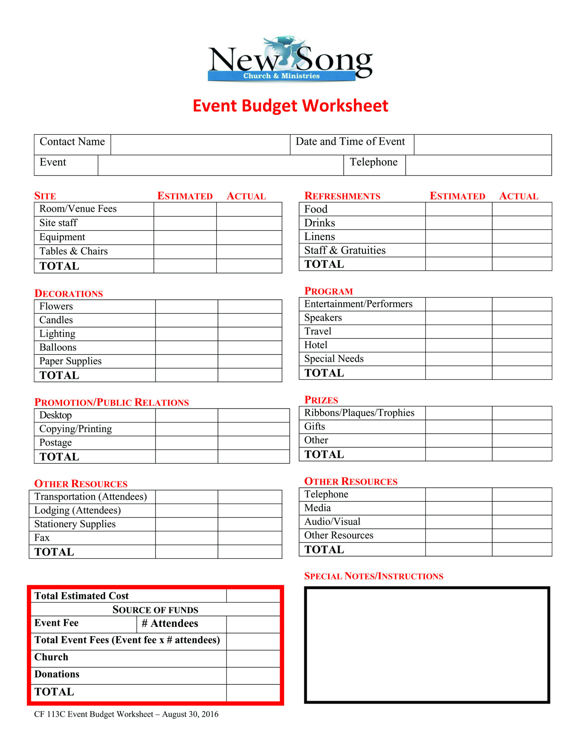 Event Budget Worksheet New Song Church Ministries