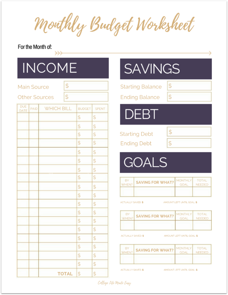 Free Printable Simple Budget Worksheet
