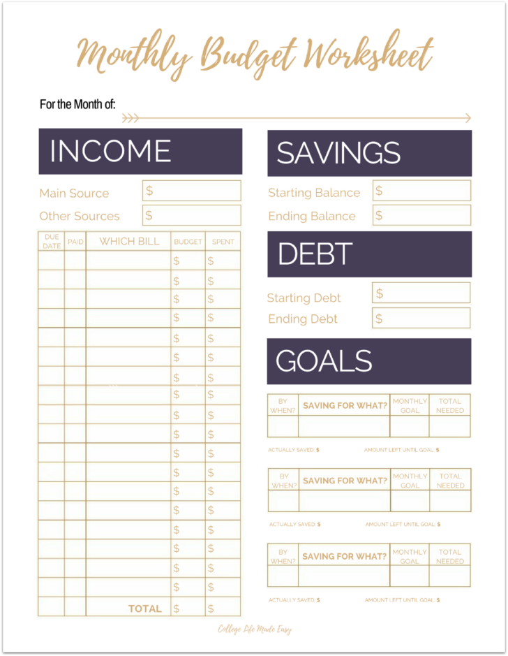 Easy Printable Monthly Budget Worksheet Free