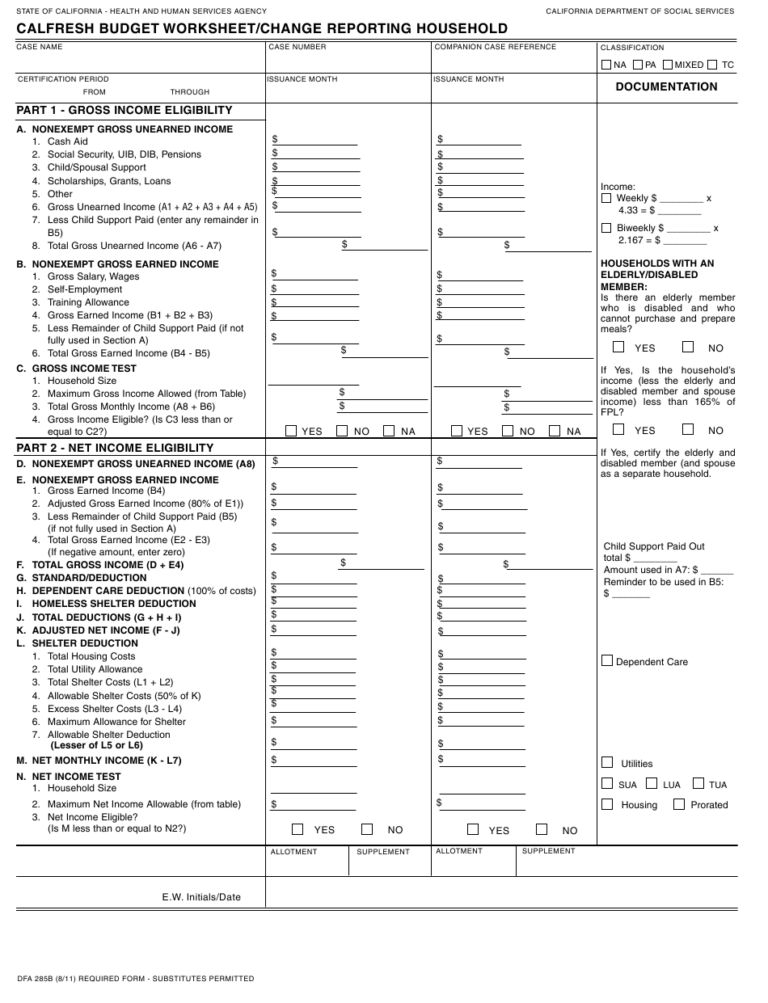 Form DFA285B Download Fillable PDF Or Fill Online CalFresh Budget
