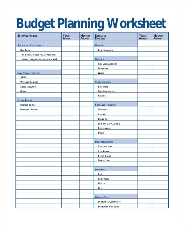 Budget Planner Worksheet Printable