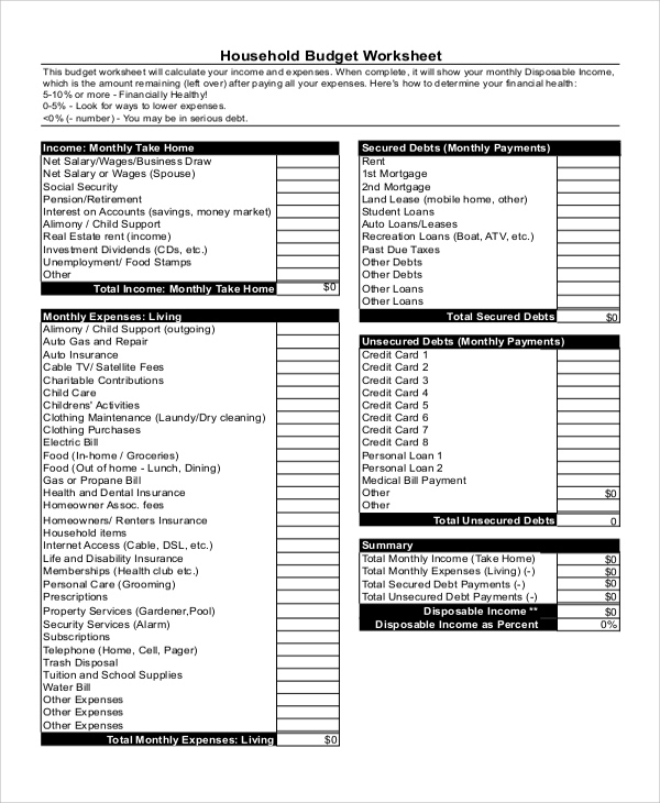 FREE 6 Sample Home Budget Worksheet Templates In PDF Excel MS Word 