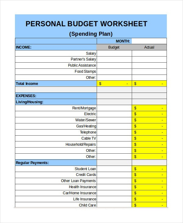 Free Budget Worksheet Personal