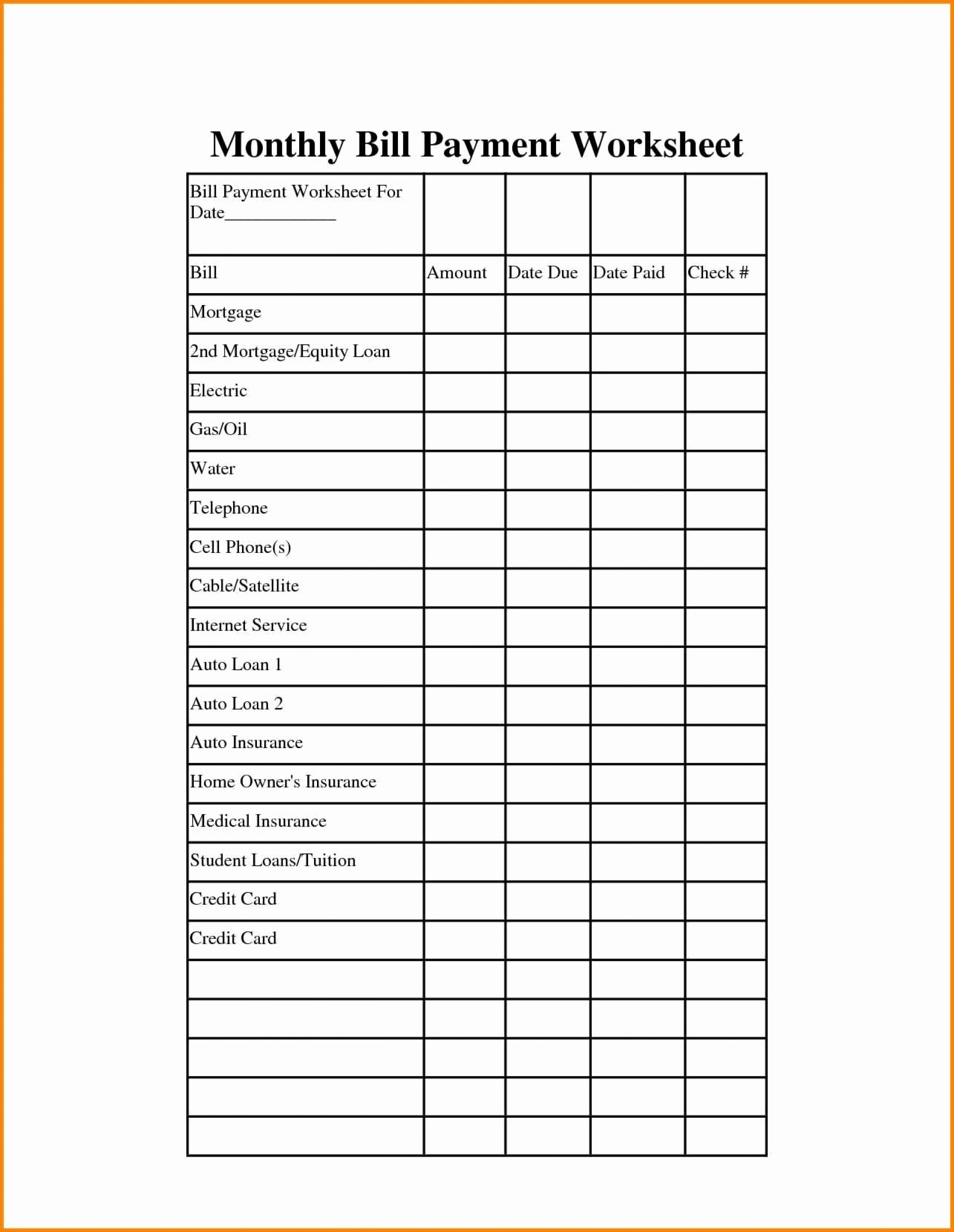 Free Printable Bill Pay Worksheet Example Calendar Printable