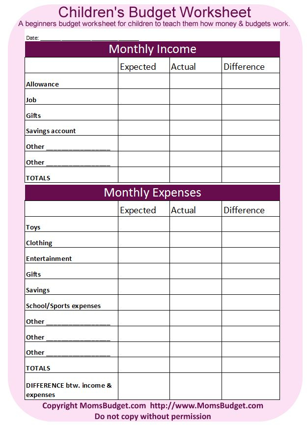 Free Printable Children s Budget Worksheet From MomsBudget 