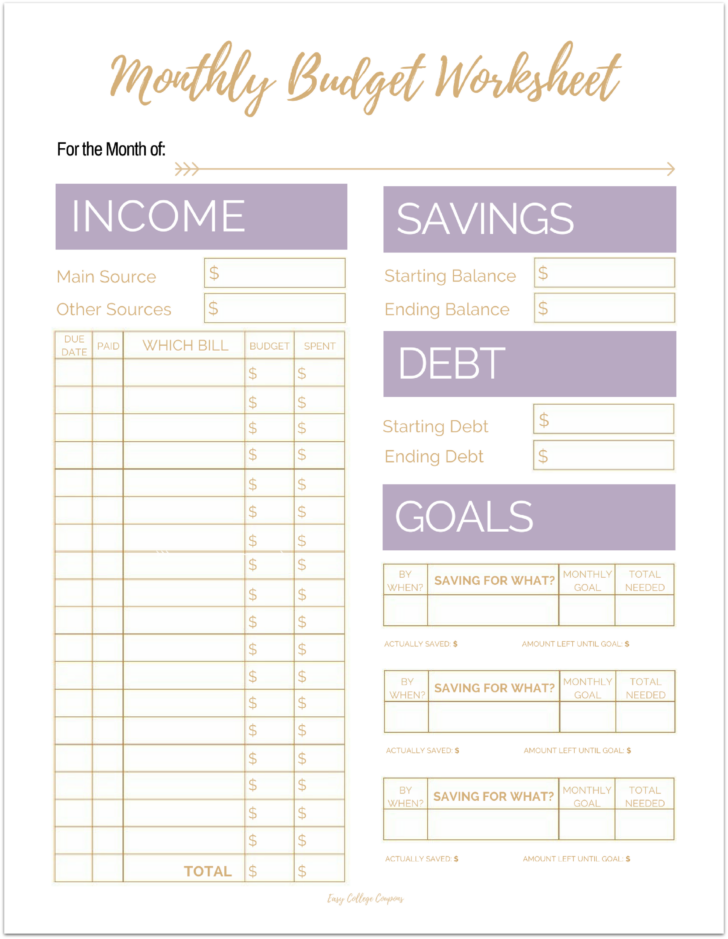 Free Monthly Budget Worksheet Printable