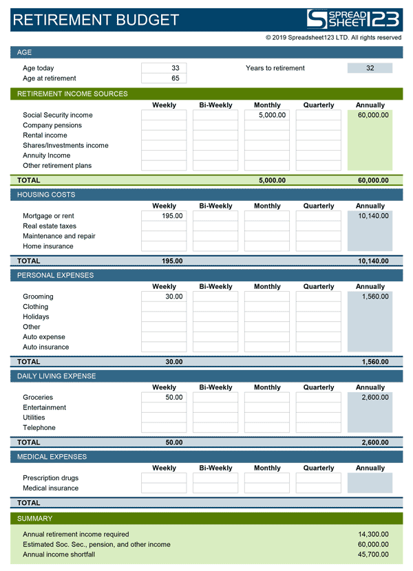 Retirement Budget Worksheet Excel