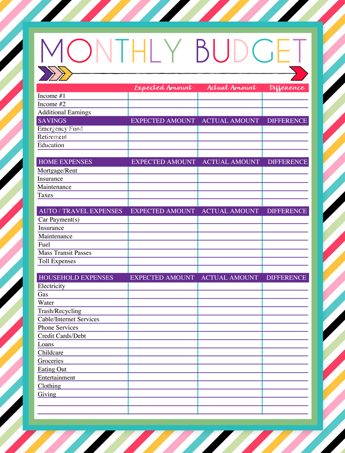 Downloadable Monthly Budget Worksheet