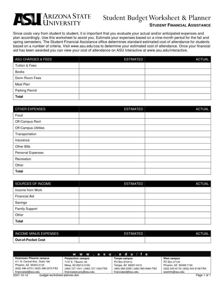 High School Student Budget Worksheet Printable Worksheets And