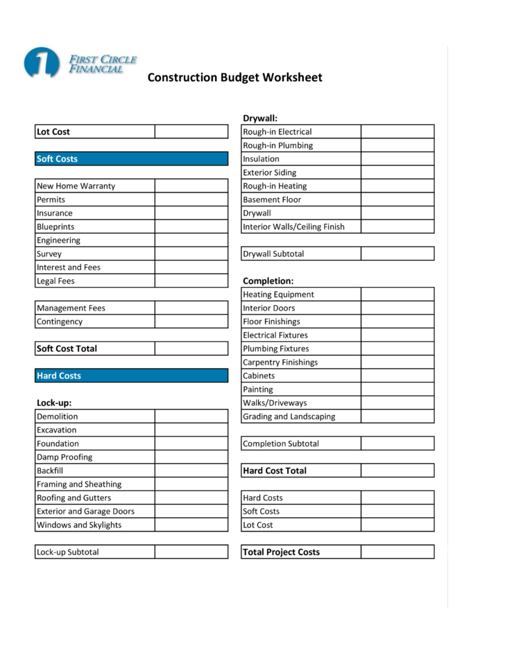Construction Budget Worksheet Excel Budgeting Worksheets