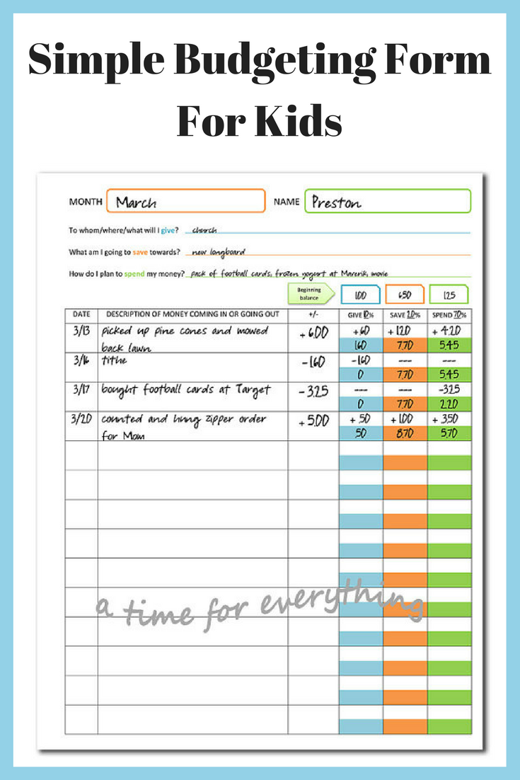 Instant Download Printable Budget Form For Kids Teach Children How To 