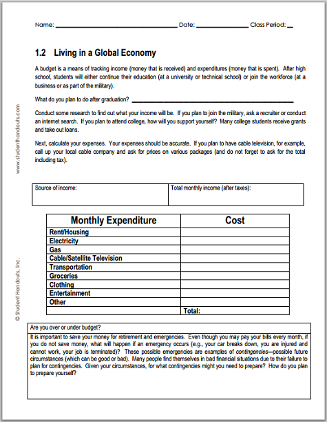 Monthly Budget Worksheet For Economics Student Handouts