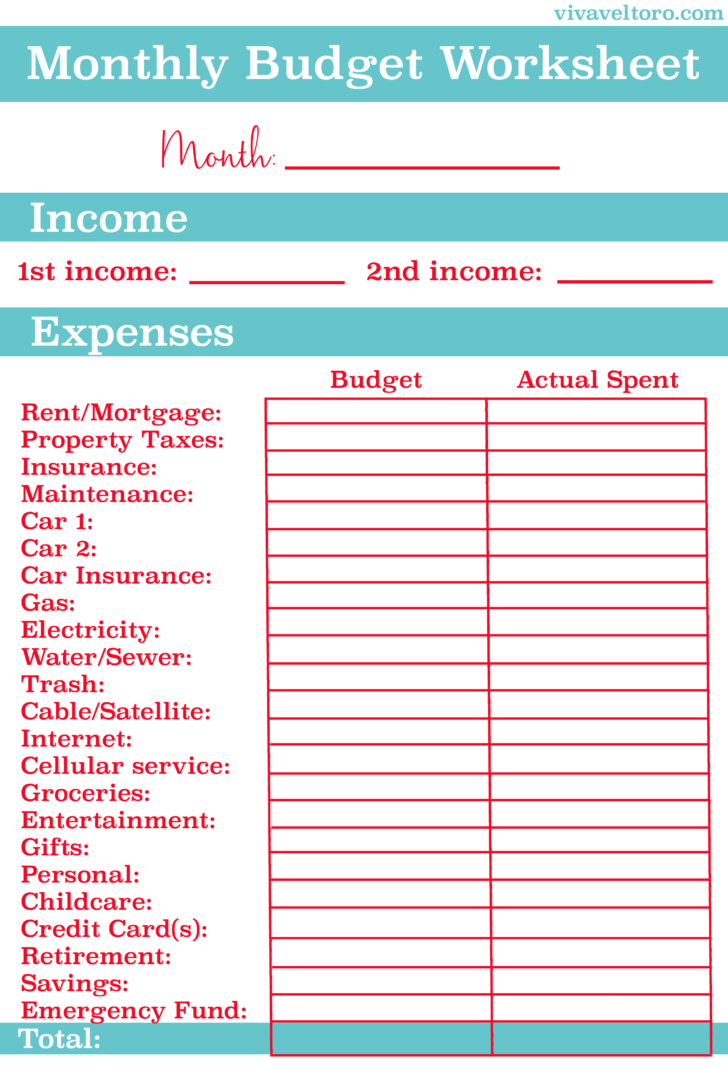 Monthly Budget Worksheets