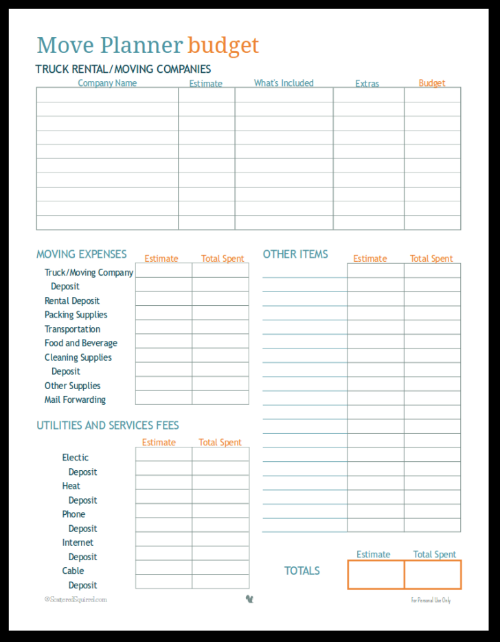 Moving Out Budget Worksheet