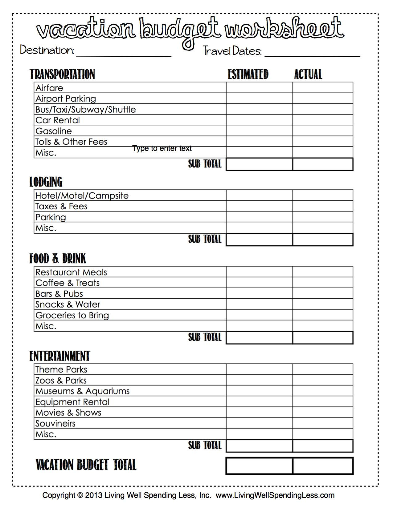 Printable Vacation Budget Worksheet Living Well Spending Less 