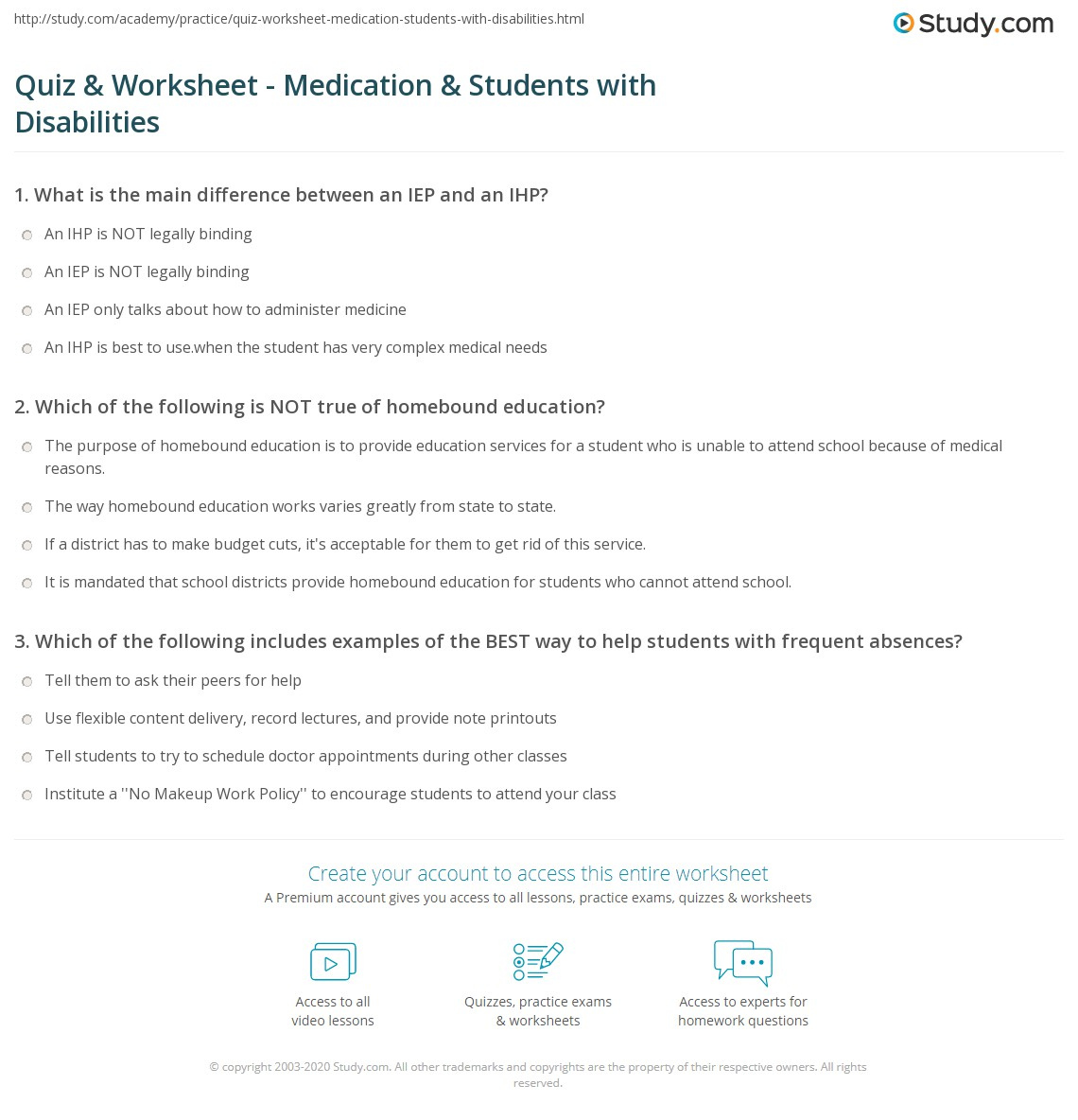 Quiz Worksheet Medication Students With Disabilities Study