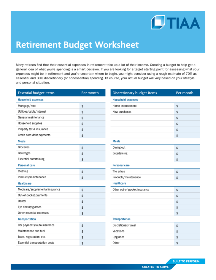 Detailed Retirement Budget Worksheet