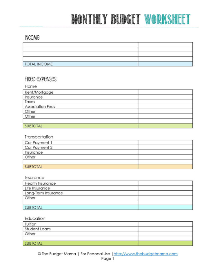 Budgeting Worksheets Printable Beginner