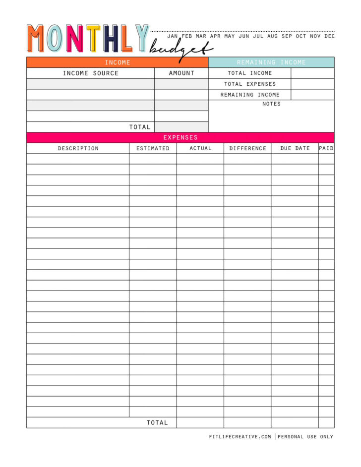 Free Blank Budget Worksheet Printable