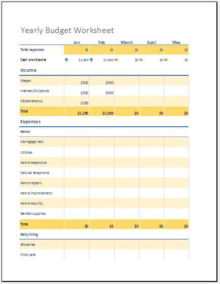 Yearly Budget Worksheet Template For Excel Excel Templates