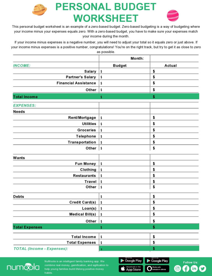 Zero Budget Worksheet Printable