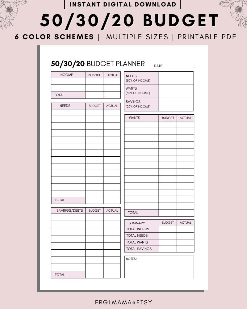 50/30/20 Budget Overview Template Printable, Monthly Budget intended for 2.08 Budget Worksheet