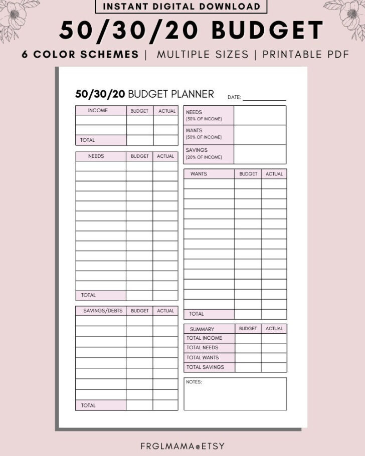 50/30/20 Budget Worksheet