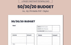 50/30/20-Budgetvorlage Zum Ausdrucken, Monatlicher Budgetplaner 50 pertaining to Monthly 50 30 20 Budget Worksheet