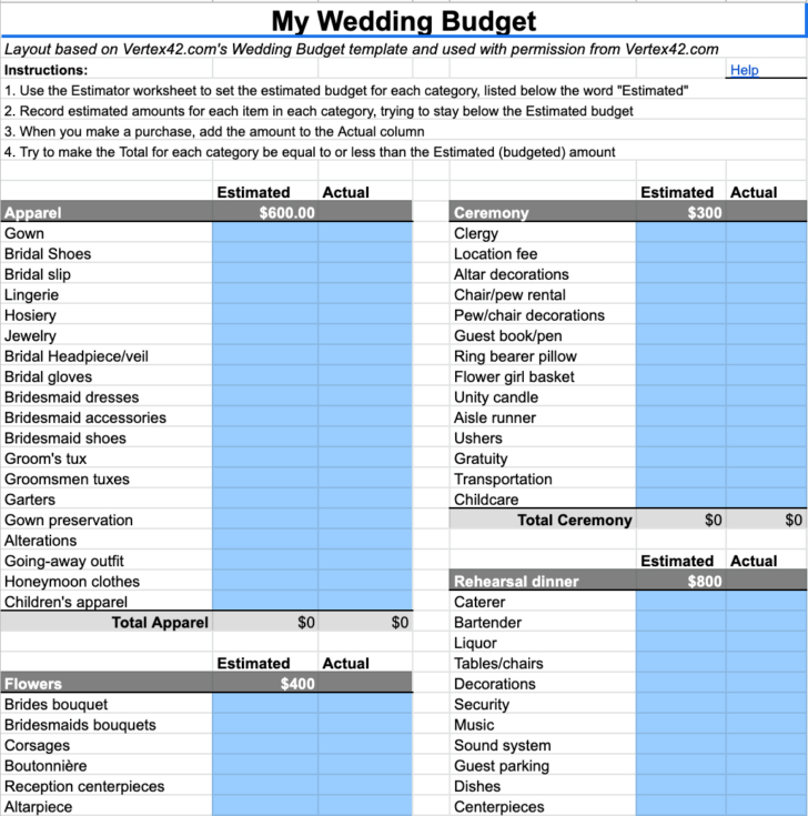 Destination Wedding Budget Worksheet