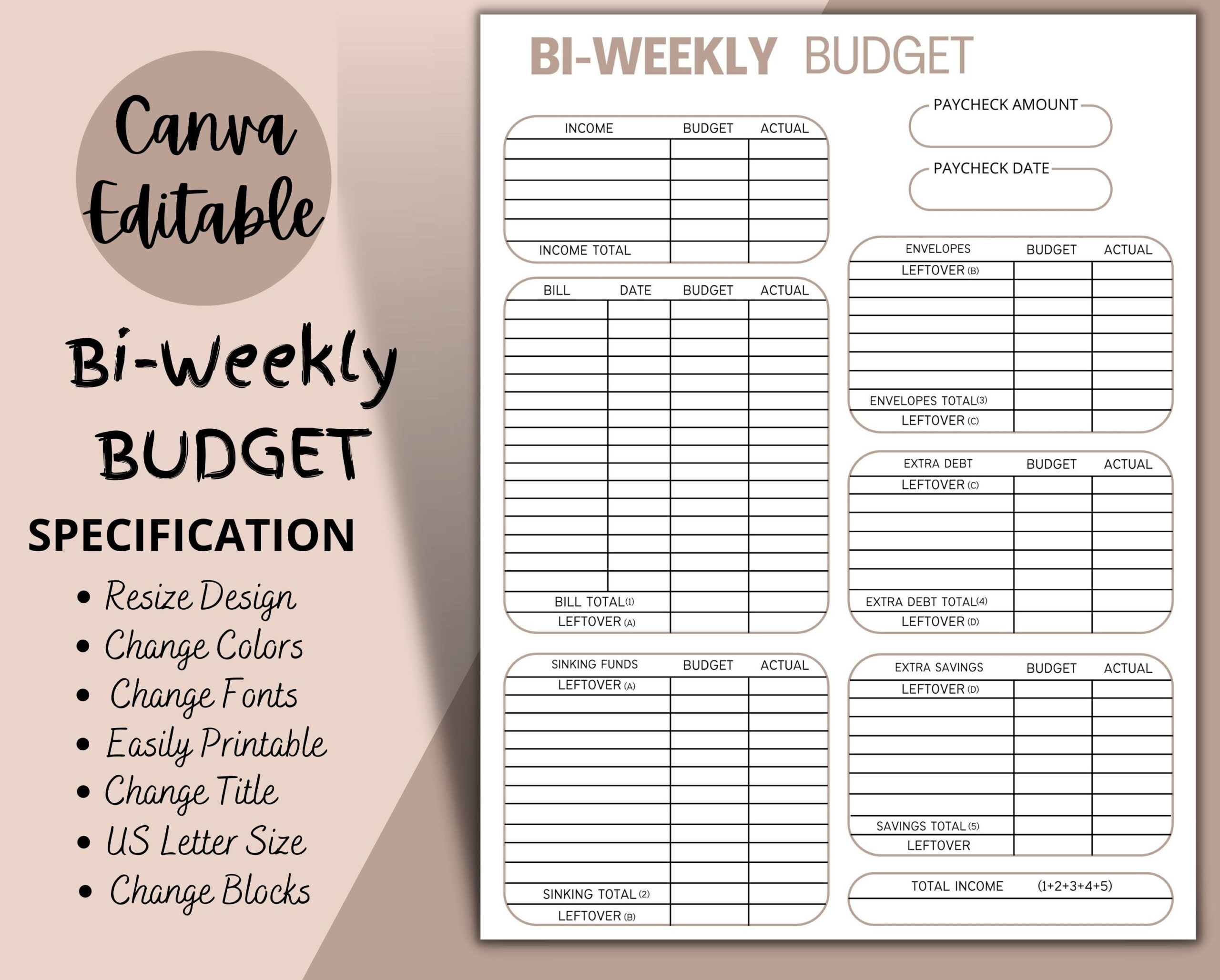 Bi-Weekly Budget Overview Template Printable, Canva Editable for Printable Bi Weekly Budget Worksheet