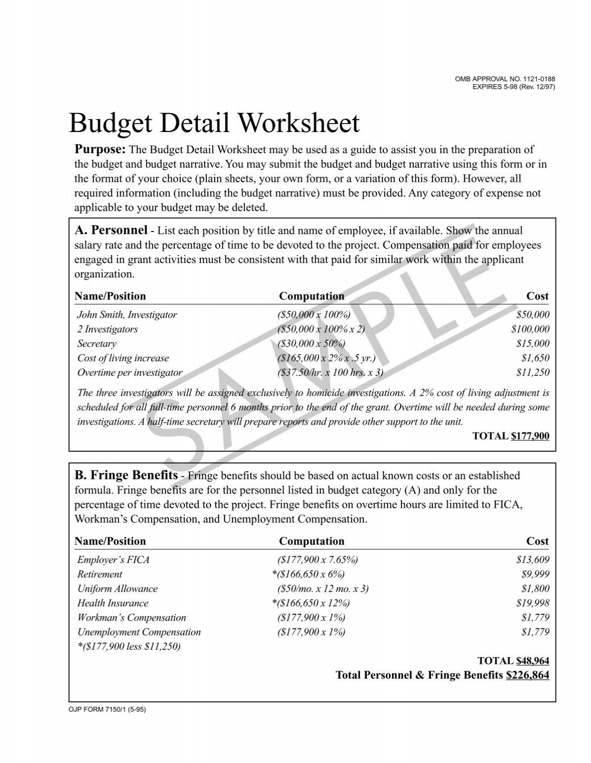 Budget Detail Worksheet (Sample) pertaining to Ojp Budget Detail Worksheet