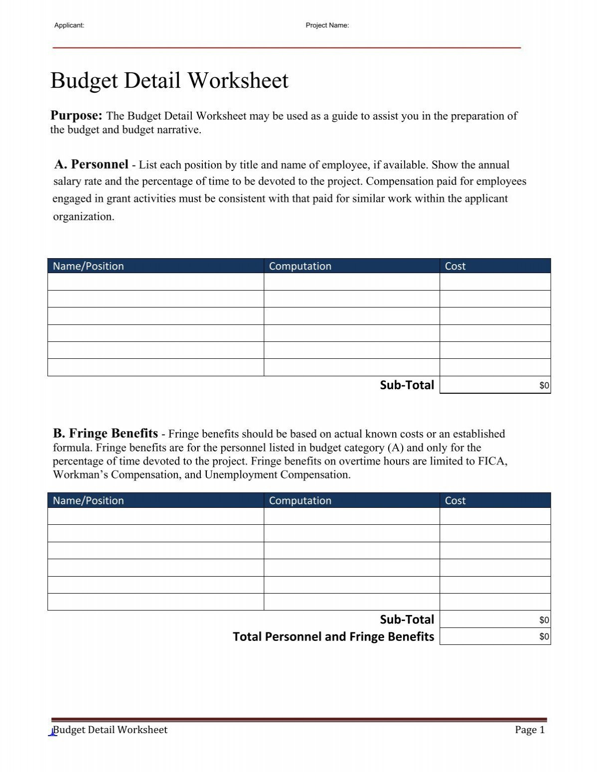 Budget Detail Worksheet with regard to Ojp Budget Detail Worksheet