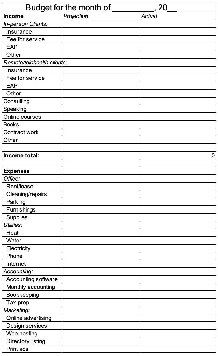 Budget Template For Therapists | Heard with Practice Budgeting Worksheets