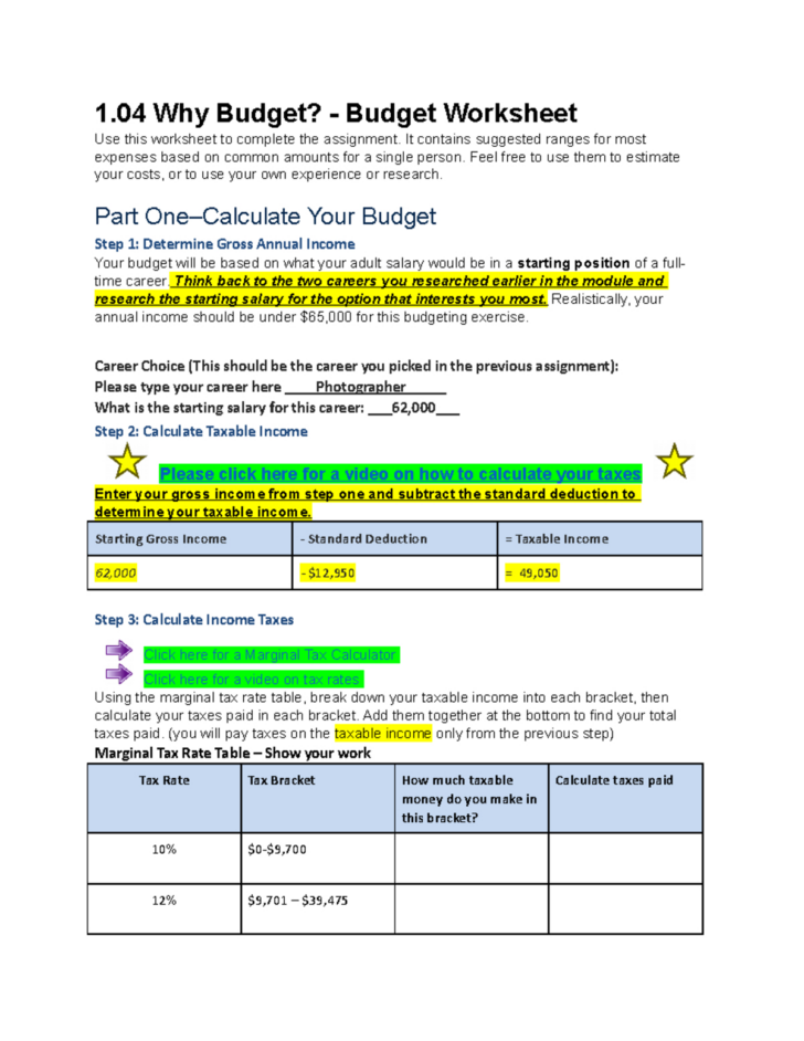 Personal Budget Webquest Worksheet