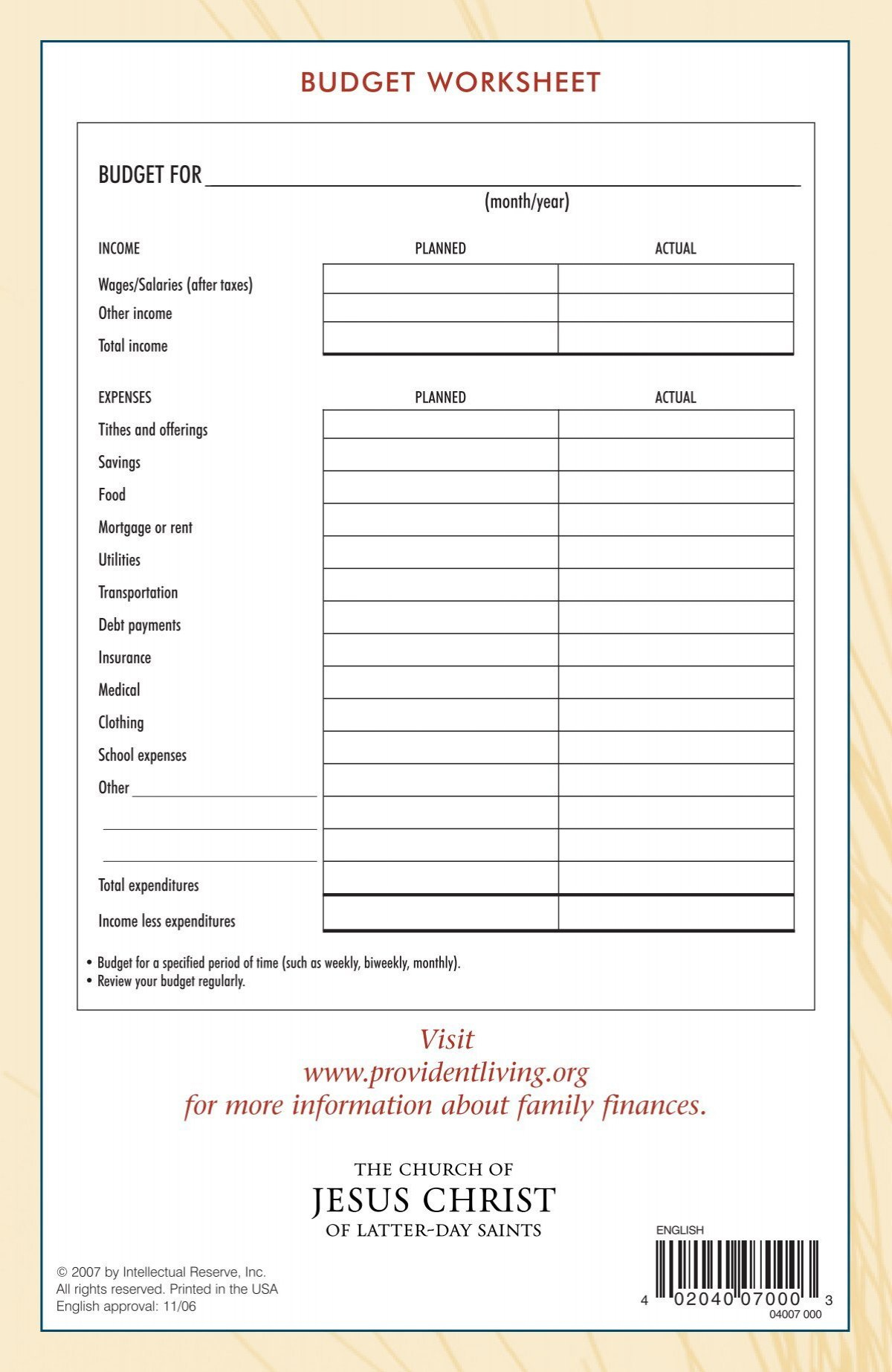Budget Worksheet Visit Www.providentliving For - Lds with Lds Budget Worksheet