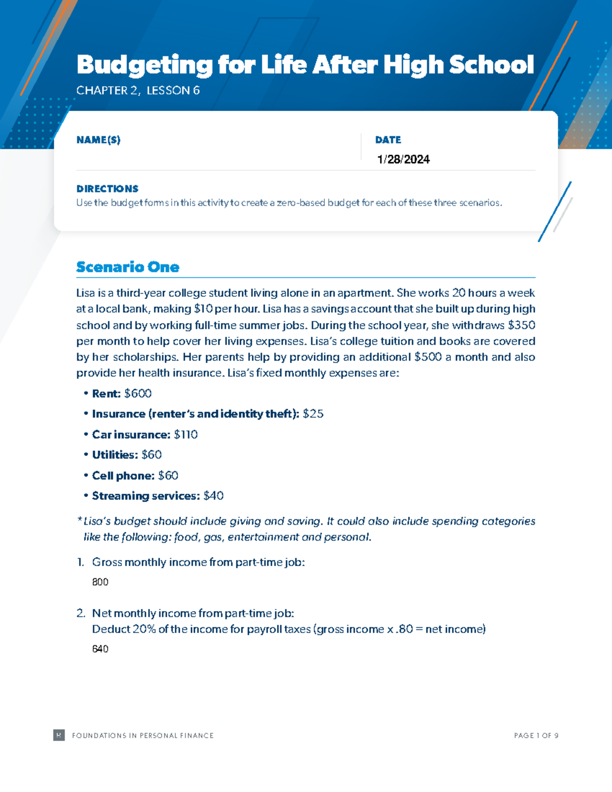 Budgeting For Life After High School: Ch 2, Lesson 6 Scenarios in Budgeting For Life After High School Worksheet Answers