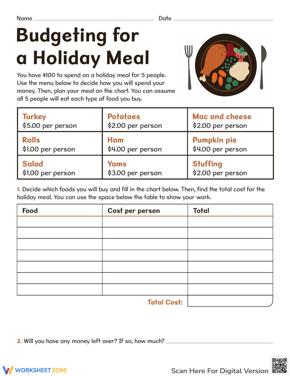 Budgeting: Holiday Meal Planning Worksheet for Planning a Food Budget Worksheet Answers
